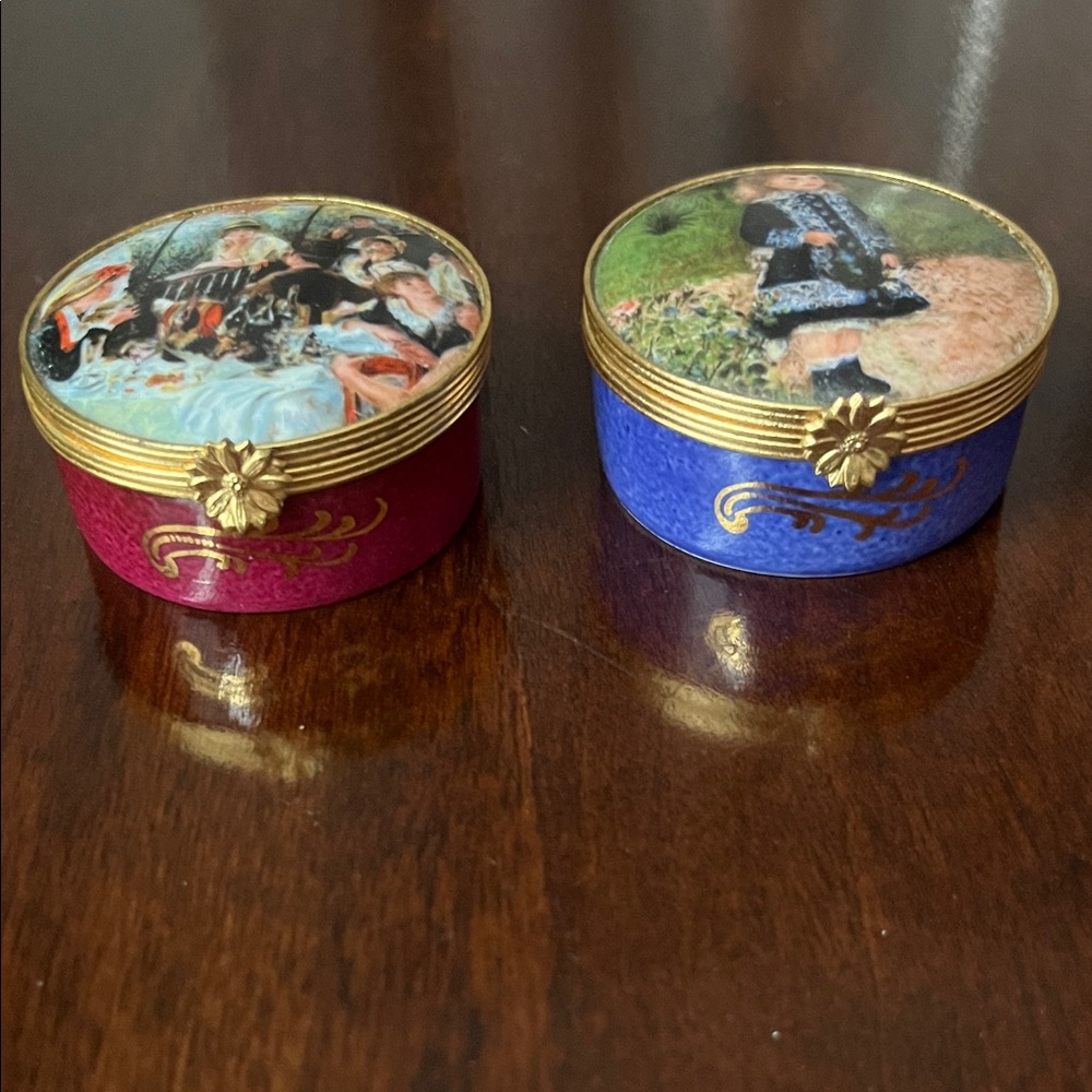 Set of Two Decorative Limoges Artoria Red and Blue Trinket Boxes Made in France